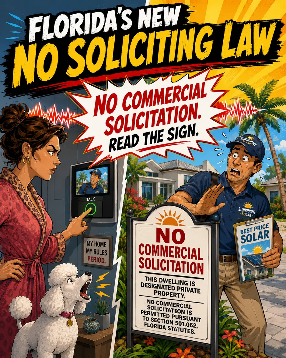 Cartoon showing a homeowner using an intercom to stop a commercial solar solicitor beside a no commercial solicitation sign